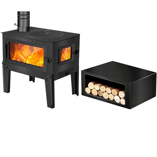 New FENGXCXY Wood-Burning Stove with dual viewing windows, 4-leg multifunctional fireplace, and pellet stove thermostat. Heats homes and offices up to 540 square feet. Easy to clean. Black.