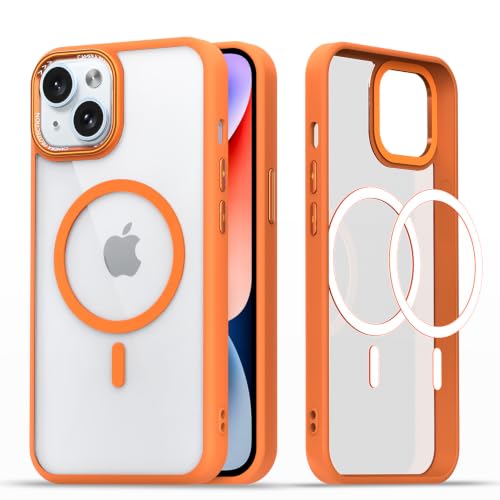 Image of Pikkme Back Cover for iPhone 15 Plus | Shockproof | Mag-Safe Compatible | Hard Transparent Back | Premium Raised Camera Protection | Bumper Case (Orange Mag-Safe)