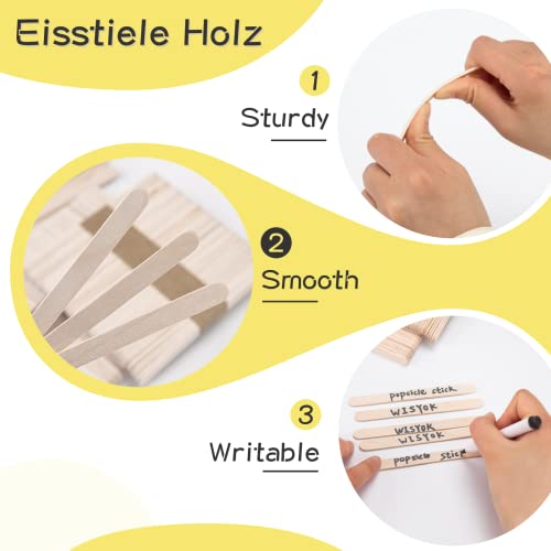 WISYOK 100 Stück Eisstiele Holz, Eisstäbchen Holzstäbchen, Holzstäbchen Zum Basteln, Holzstiele, Bastelstäbchen Holz, Holzspachtel DIY Handwerk-114 mm x 9 mm x 2 mm