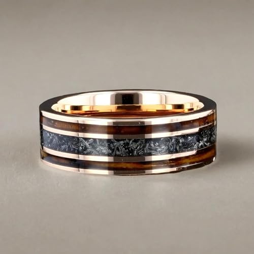 Men's Wedding Ring 8mm Rose Gold Tungsten Charred Whiskey Barrel Wood & Meteorite Inlay – Comfort Fit Mens Wedding Band with Antique Wooden Ring Box3