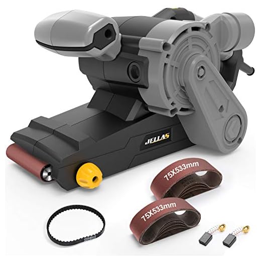 Levigatrice a Nastro Jellas, 12 Nastri Abrasivi 75 X 533MM, 6 Velocità 360-560 RPM, 1000W Levigatrice Elettrica con Contenitore Microfilter e 3m per Smerigliare, Sverniciare e Lucidare