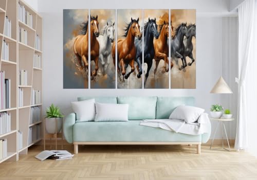 Image of KYARA ARTS 7 Horses Wall Painting for Living Room Big Size(30inchx 48inch) 7 Running Horses Painting Vastu for Bedroom, Office, Hotel - Wall Decor Wooden Framed-Digital Painting
