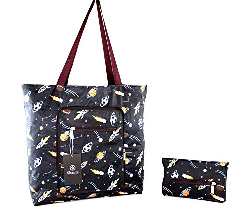 Foldable Tote Bag for Women-Top Zipper Closure Premium Quality Lightweight Cute (Black)