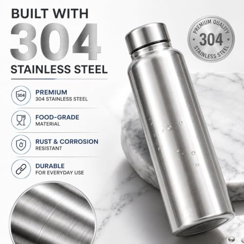 Image of TREVIO 1 Litre Stainless Steel Water Bottle, 304 Grade Food-Grade Steel Bottle with Airtight Leak-Proof Screw Cap, Wide Mouth, Rustproof Reusable Water Bottle for Office, Home, College & Travel (3)