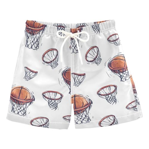 Basketball White Kids Swimming Trunks with Pocket Swim Shorts 2T