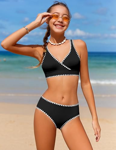 Image of KANGKANG Girls Swimsuit Bikini Set Solid Color V-Neck Two Piece Bathing Suit with Chest Pad Adjustable Straps Swimwear 7-16T