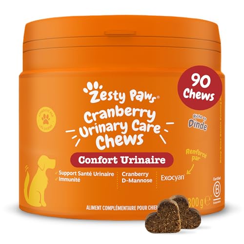 Zesty Paws Cranberry Urinary Care | Supporto delle Vie Urinarie | Integratori per Cani | D-mannosio, vitamina B6 e Exocyan | Alimento Complementare per Cani Adulti | Gusto Tacchino | 90 Pezzi