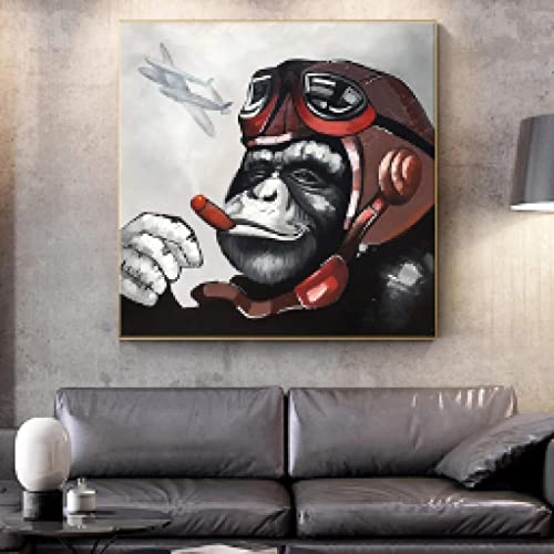 Toile abstraite singe gorille fumer - Solution déco murale moderne 40x40 cm pour salon