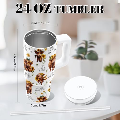 DUUV Highland Cow Insulated Tumbler 24oz, Highland Cow Sunflower Cup Gifts for Women Girls, Just a Girl Who Loves Cows Tumbler Leakproof, Mothers Day Ideal Gifts for Cows Lovers Gym Office, 1 Pack