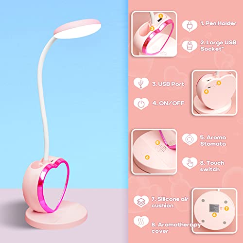 Wofifly Pink Desk Lamp For Kids ,Girls Cute Led Lamp With Usb Charging Port And Pen And Cell Phone Holder 2 Color Modes Eye Care Study Desk Lamp Suitable For Girls College Dormitory Bedroom Reading #TOP3
