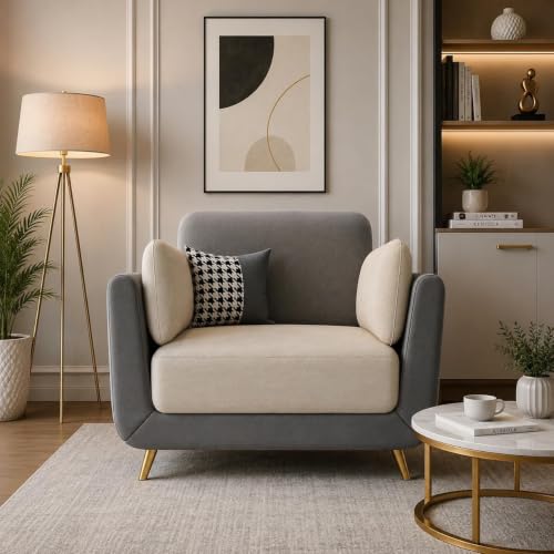 Image of Modern Sofa, 1 Seater with Decorative Cushions, Chesterfield Arm Three Seater for Living Room Guest Room Hotels & Office (1 Grey and Beige)