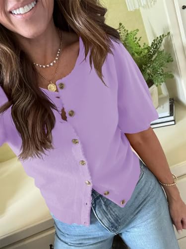 Image of Saodimallsu Womens Puff Short Sleeve Cardigan Lightweight Summer Button Down Shirts Knit Crew Neck Sweater Tops