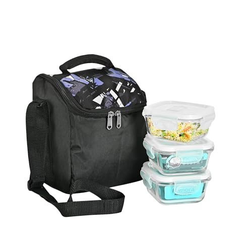 Image of Femora Borosilicate Glass Container Lunch Box with Bag for Office, School, Black, Square, 300 ML (3 Container+ 1 Bag)
