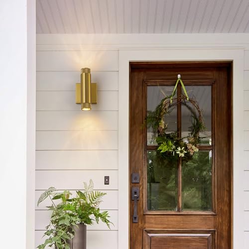 Image of 9 Inch Modern Outdoor Wall Light, Waterproof Gold Up and Down Exterior Wall Sconce, 2-Light Porch Light Fixture for Patio, Garage, Front Door