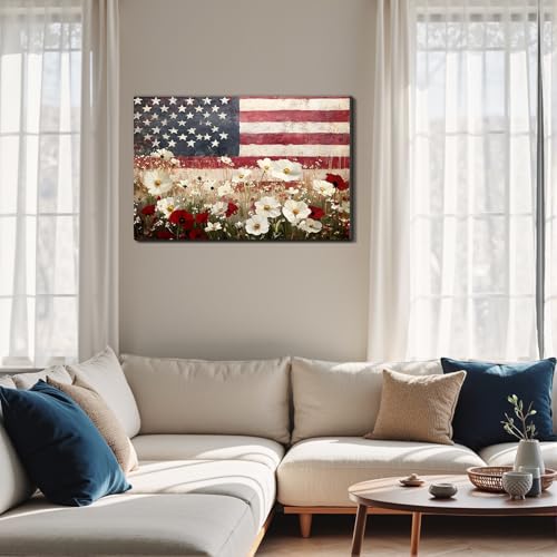 Image of Framed American Flag Mason Jar Wall Art, Patriotic Farmhouse Canvas Art Pictures, USA Rustic Wall Decor, Made in USA Ready to Hang for Kitchen Dining Room