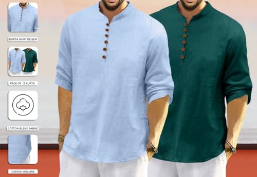 Image of Macsivo Men's Cotton Blend Kurta with Solid Band Collar Full Sleeve Button Closure Regular Fit Curved Hem Length | Kurta for Man | Combo Pack of 2