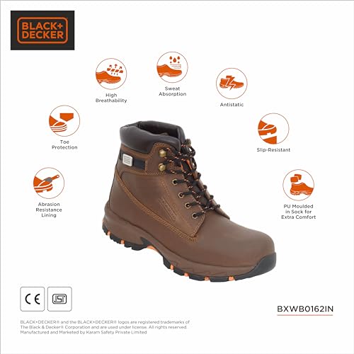Image of BLACK+DECKER High Ankle Brown Safety Shoes for Men | Double Density | Fiber Toe | Water Repellent, High Breathability & Sweat Absorption | BXWB0162IN