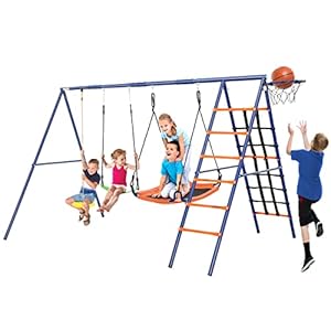 Swing Set for Backyard 550lbs – 6 in 1 Playground Sets for Backyards Safe Platform Swing for Kids Outdoor Heavy Duty Metal Frame with 3 Adjustable Swings Climbing Net Climbing Ladder Basketball Hoop