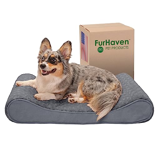 Furhaven Cooling Gel Dog Bed for Medium/Small Dogs w/ Removable Washable Cover, For Dogs Up to 23 lbs - Ultra Plush Faux Fur & Suede Luxe Lounger Contour Mattress - Gray, Medium