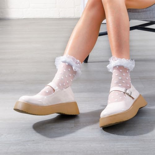 Image of Ruffle See Through Socks Dot Lace Sheer Socks Tulle Cool Mesh Ankle Sock for Women 2 Pairs
