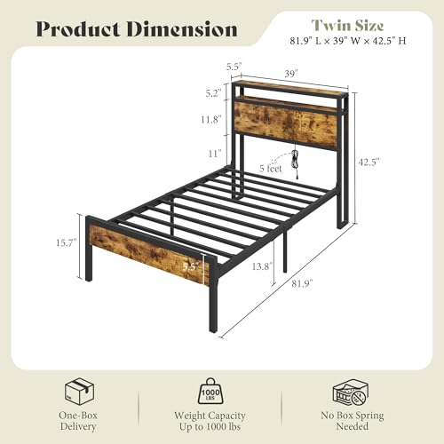 Image of AMERLIFE Twin Size Bed Frame with Storage Headboard & Charging Station, Industrial Metal Platform Bed with Large Under-Bed Storage, Heavy Duty Slats, No Box Spring Needed, Dark Brown