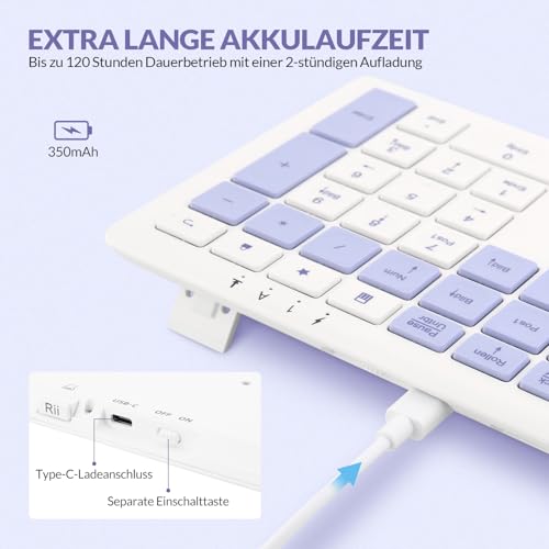 Rii Tastatur Kabellos Weiß Lila für Mac, Wireless Keyboard mit Ziffernblock, Wiederaufladbare, Deutsches Layout (QWERTZ), für Mac, Windows, iOS, Chrome OS, Tastatur Flach und Ultradünn