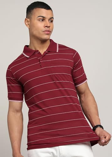 Image of INKKR Men Striped Polo Neck Cotton Blend T-Shirt