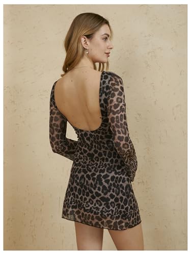 MakeMeChic Women's Leopard Print Dress Y2k Backless Mesh Bell Sleeve Mini Cheetah Print Dress2