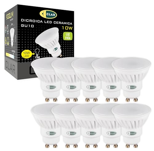 CLAR - Bombilla LED GU10 de 10 W, GU10, luz blanca fría 6000 K (pack de 10)