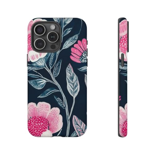 Coque iPhone 15 Pro Max motif floral rose vif bleu foncé coque rigide mate