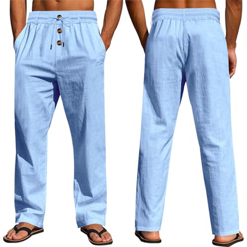 WENKOMG1 Mens Cotton Linen Pants Button Fly Elastic Waist Drawstring Lightweight Breathable Straight Leg Lounge Pants2