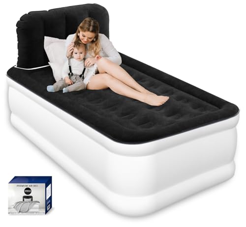 Twin Air Mattress with Headboard, Built-in Pump, 19' Raised Comfort Blow Up Mattress, 600 lbs Stable Support, 48-Hour Leak-Tested Durable PVC, 2.5 Min Inflatable Air Bed for Home, Guests & Camping