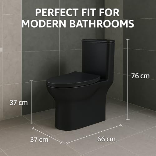 Image of Hindware Italian Collection Cora One Piece Commode for Bathroom | Made of Ceramic | S-220 Trap | Matte Black Finish | 2D Syphonic Flushing | Soft Close Duroplast Seat Cover | 10-Year Warranty