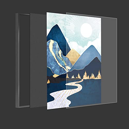 Time Tree 3 Piece Metal Framed Canvas Wall Art Shining Sun Over Blue Mountain Abstract Forest Nature Scenery Artwork Modern Season Painting For Office, Living Room 16"X24" Black #TOP3