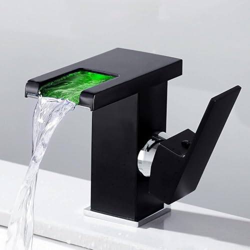 MIIWWOWO Robinet de lavabo LED cascade avec mitigeur monocommande 3 couleurs pour salle de bain, baignoire, cuisine, salle de bain (noir)