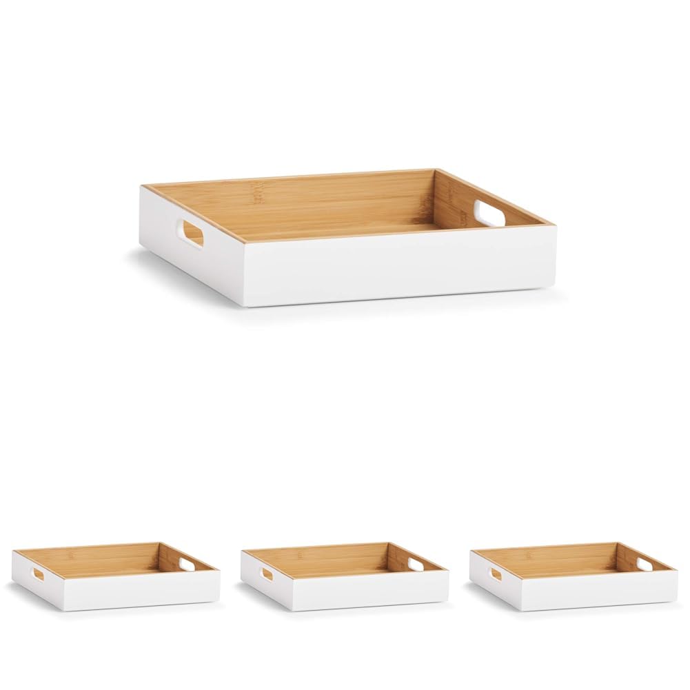 Zeller 13358 Aufbewahrungskiste, Bamboo, weiß, ca. 30 x 27 x 6 cm, stapelbar, seitliche Tragefgriffe, Ordnungsbox flach (Packung mit 4)