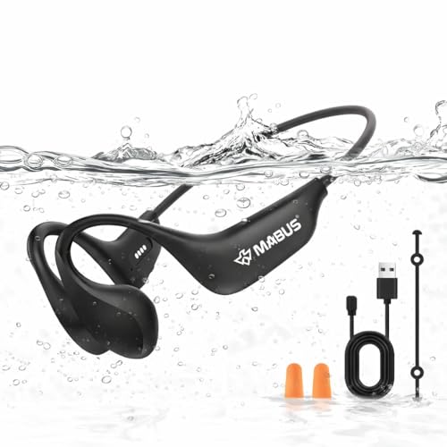 MABUS Écouteurs de sport à conduction osseuse IP68 - Bluetooth 5.4, 16 Go de mémoire interne, submersibles pour natation, course à pied et cyclisme - Design ouvert - 8,5 h avec charge rapide
