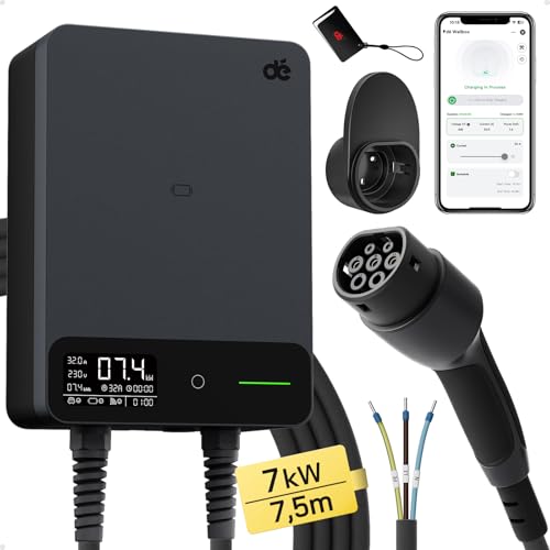 dé Wallbox 7,4kW Tipo 2 [7,5m, 6-32A, Monofase] Colonnina Ricarica Auto Elettrica con APP e RFID e Supporto, EV Stazione di Ricaric con RCD Tipo B e Protezione IP54, per BEV/PHEV, Nero