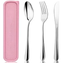 HANSGO Travel Utensils with Case, 4PCS Stainless Steel Portable Cutlery Set, Built-in Card Slot Design, Lunch Utensils for Work, School, Travel & Gifts for Women, Pink