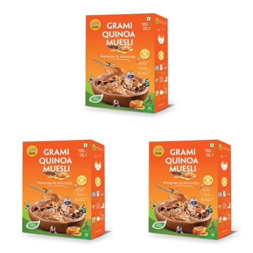 Image of Grami quinoa muesli honey and almonds with high protein | 100% natural millet based complete nutrition muesli | with 68% Quinoa flakes and 12% almonds | Sweetened with honey | Breakfast cereal for energy and improving strength | with no added artificial preservatives or colour | 500g
