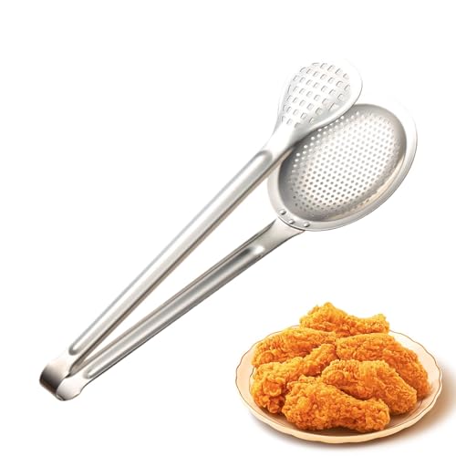 Colador de cuchara para freír, cuchara ranurada para espumadera, Cucharas espumaderas 2 en 1 de acero inoxidable para cocinar, Colador de cucharón de espumadera con pinza de metal, colador de malla de