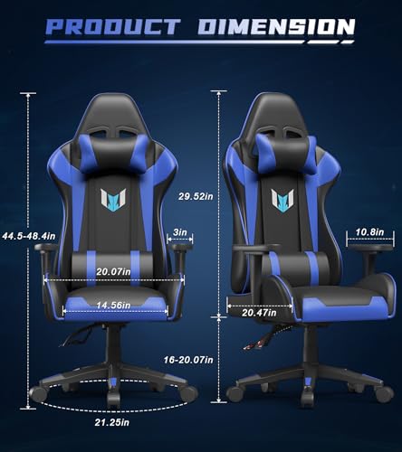 Bigzzia Gaming Chair Ergonomic Office Chair Adjustable Height Swivel Desk Chair Reclining Computer Chair with Lumbar and Headrest Support Racing Style Leather Video Gamer Chair (Blue) - Image 4