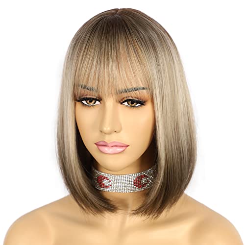 Sapphirewigs Blonde Bob Wigs for Women Ombre Wig with Bangs Short Blonde Bob Hair Daily Party Natural Looking Heat Resistant 14 inch - Image 3