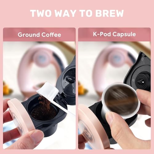 Image of Coffee Maker with Single Serve Pod and Grounds, 2-in-1 Coffee Maker, Compatible with K-Cup Pod & Coffee Grounds /Tea, Compact Design, 120-240ml Capacity (Pink)