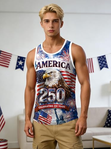 Image of Ithalt USA Tank Top Men 4th of July Patriotic Sleeveless American Flag Workout Shirt Summer Beach Independence Day