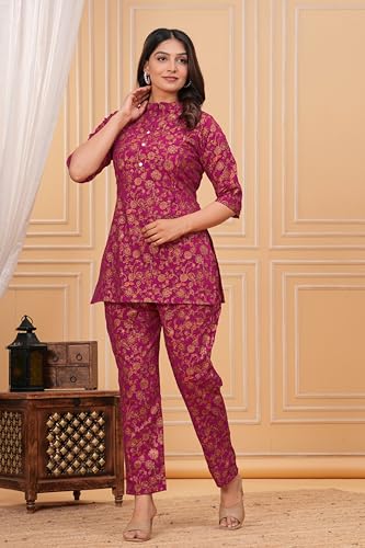 Image of Women Cotton Printed Co-Ord Set Kurta with Pant Set | Cotton Floral Printed Anarkali Maternity Feeding Kurta with Zipper /Maternity