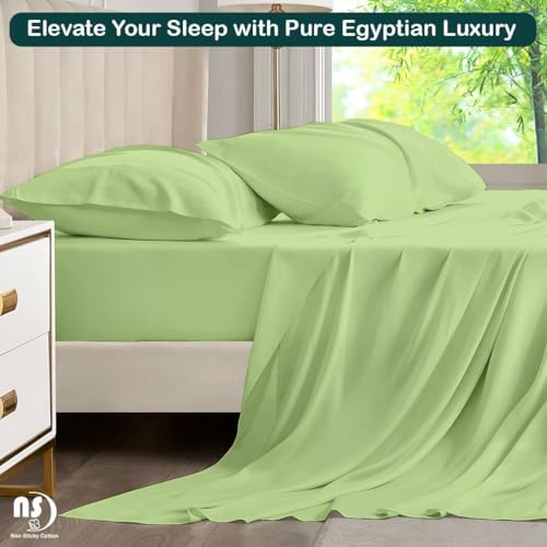 Image of NON Sticky cotton Premium 4 Piece Egyptian Cotton Fitted Queen Sheet Set, Hotel Quality Soft Breathable Bedding Sheets, 18 inch Deep Pocket, 60 inch X 80 inch, Sage Solid