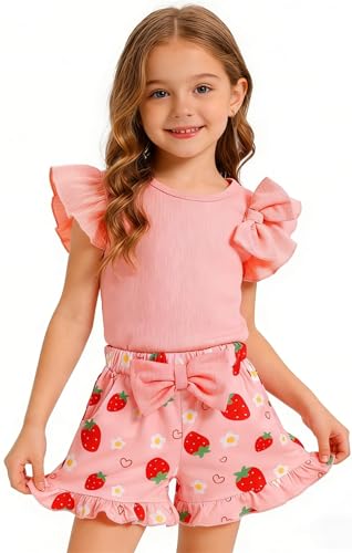 Image of Barlver Girls 2 Piece Short Set Baby Girl Summer Clothes Ruffle Sleeve T-Shirt and Bow Knot Shorts Toddler Girl Outfit Set