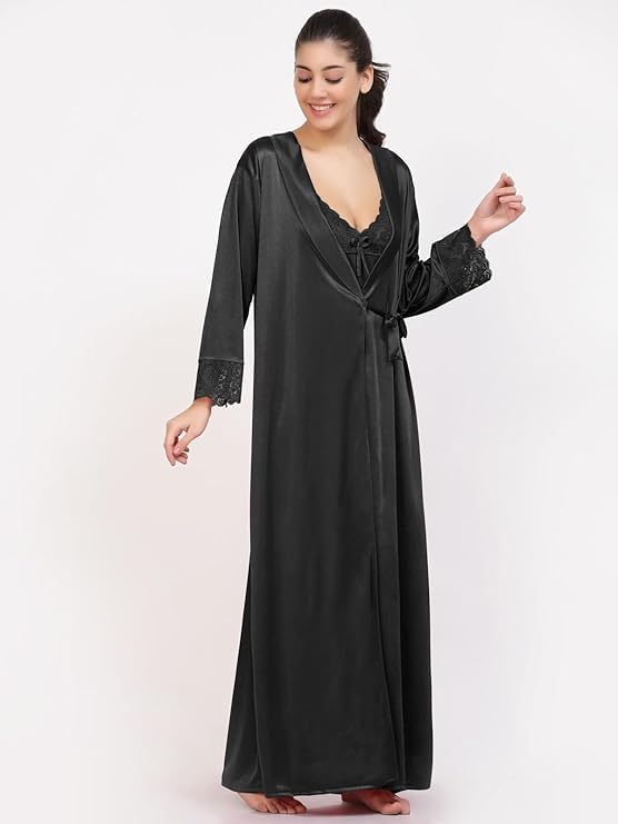 come4try Women's Satin Nightgown Set with Robe, Black, XXL - Image 4
