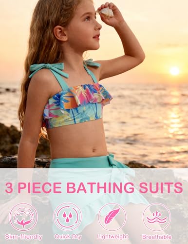 Image of ALISISTER Girls Swimsuit 3 Piece Bathing Suits Flounce Bikini Tankini Set Beach Swimwear with Cover Ups Skirt for 3-8 Years